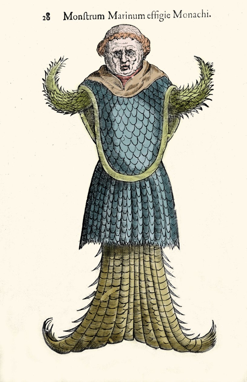 ウリッセ・アルドロヴァンディ（1522-1605）の「海の僧侶、空想の魚、海の怪物」、「Monstrorum Historiae」、ボローニャ 1642年 作： ウリッセ・アルドロヴァンディ