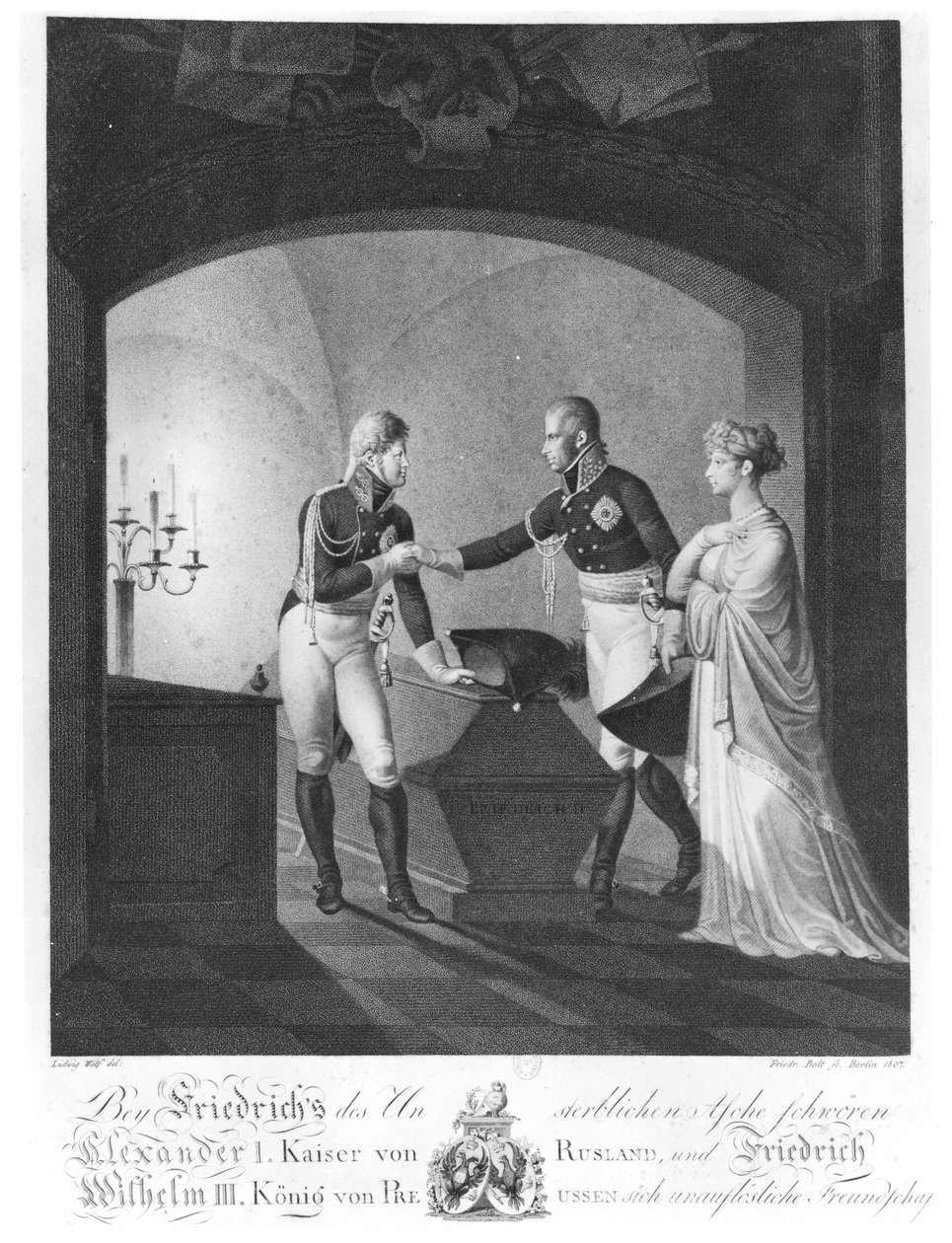 フリードリヒ2世の遺骨の近く、プロイセンの大帝（1712-86）、アレクサンドル1世（1777-1825）、プロイセンのフリードリヒヴィルヘルム3世（1770-1840）がポツダムで夜の不死の友情を誓った 作： ウルリッヒ・ルートヴィヒ・ウルフ