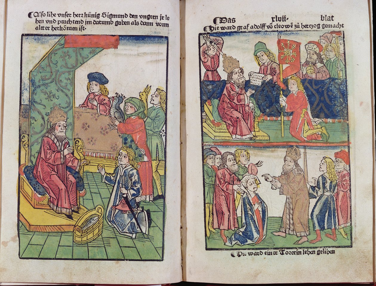 ルクセンブルクのジギスムント皇帝（1367-1437）は、ハンガリーの主題1483（木版画）のオマージュを受け取ります（336923も参照） 作： ウルリッヒ・フォン・リヒチェンタール
