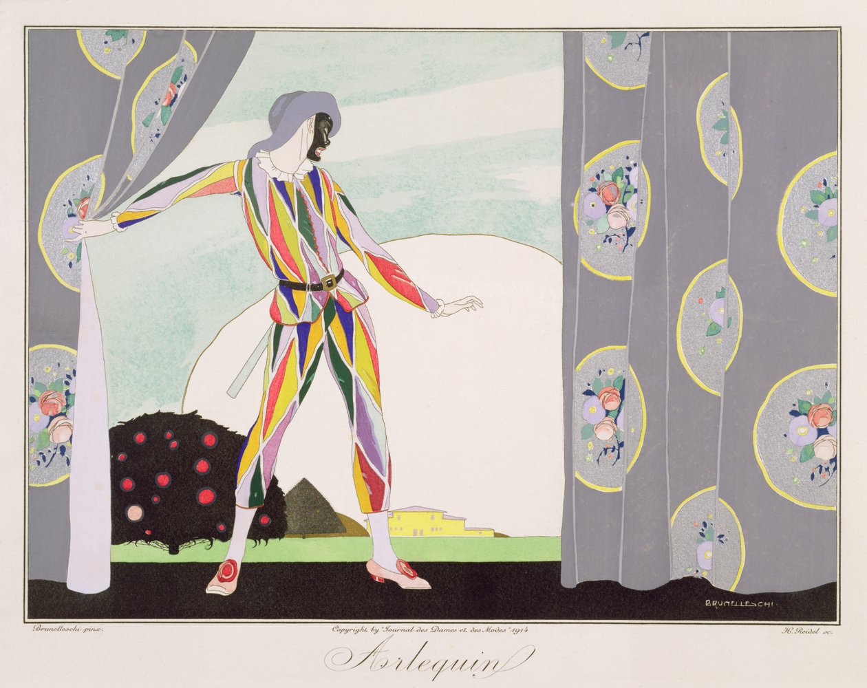 アンリ・ライデル（fl。1914-20）1914（カラーリソ）によって彫刻された、Le Journal des Dames et des Modesの「イタリア劇場のマスクとキャラクター」版のアルルカン 作： ウンベルト（後）ブルネレスキ