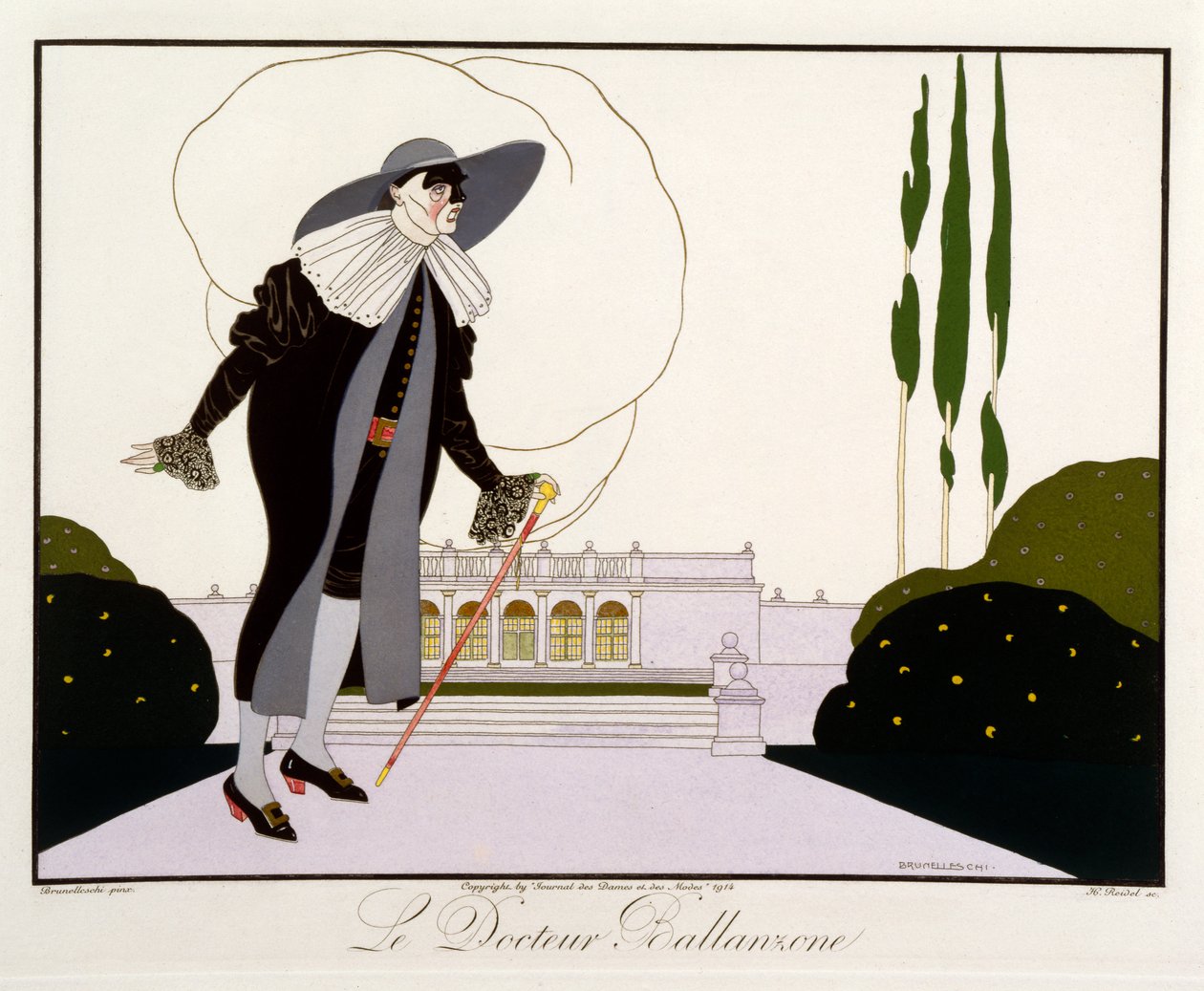Henri Reidel（fl.1914-20）1914（カラーリソ）によって彫刻されたLe Journal des Dames et des Modesの「Masks and Characters of Italian Theatre」版のDr.Ballanzone 作： ウンベルト（後）ブルネレスキ