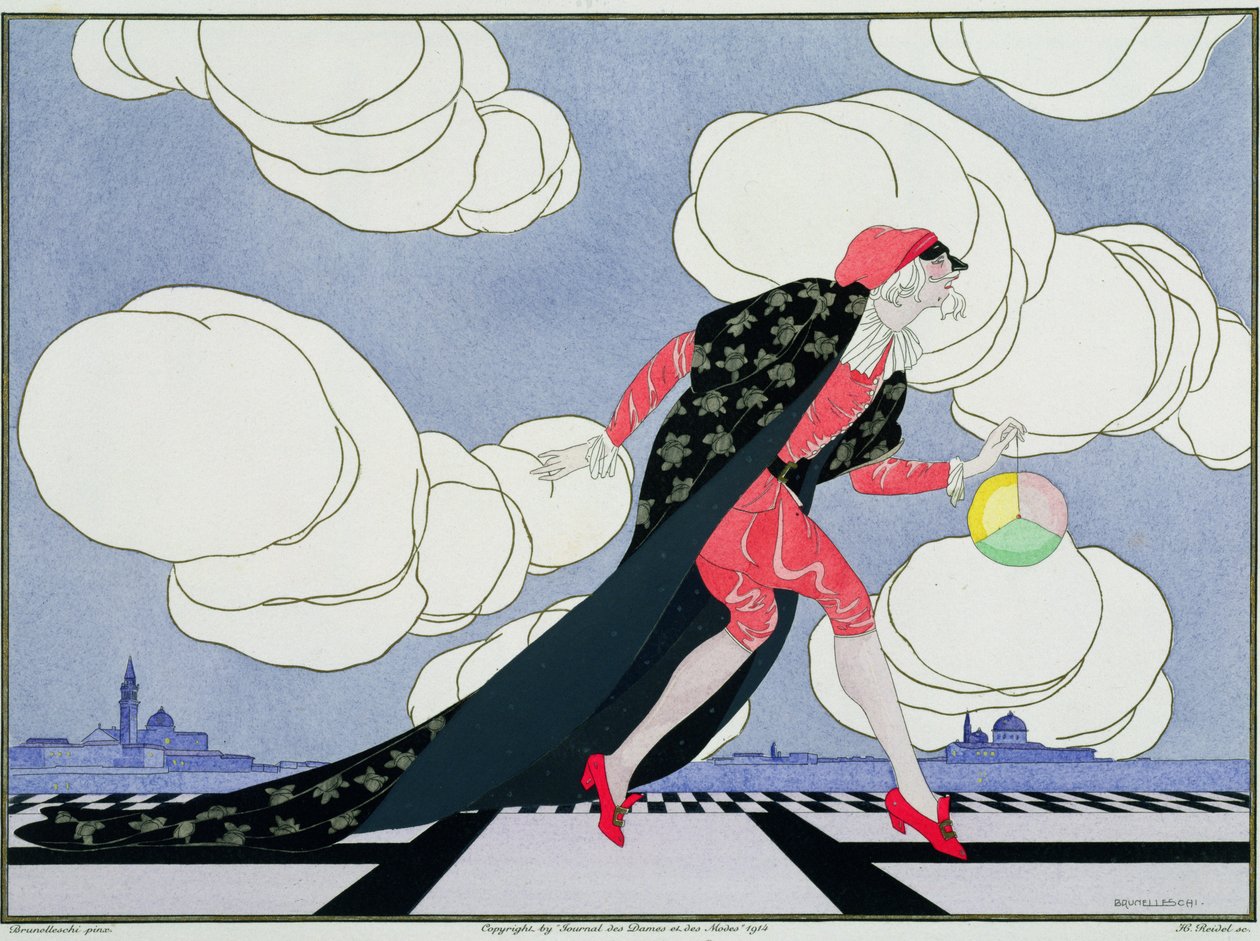 Henri Reidel（fl.1914-20）1914（カラーリソ）によって彫刻されたLe Journal des Dames et des Modesの「イタリア劇場のマスクとキャラクター」版のパンタロン 作： ウンベルト（後）ブルネレスキ