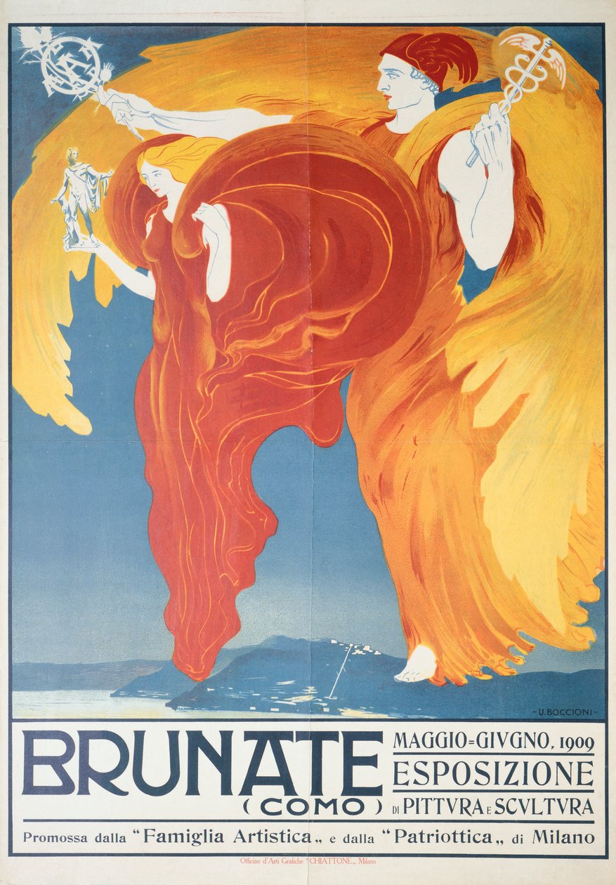 ウンベルト・ボッチョーニ（1882-1916）によるブルナーテでの絵画と彫刻の展覧会のポスター、クロモリトグラフ、70x50cm 作： ウンベルトボッチョーニ