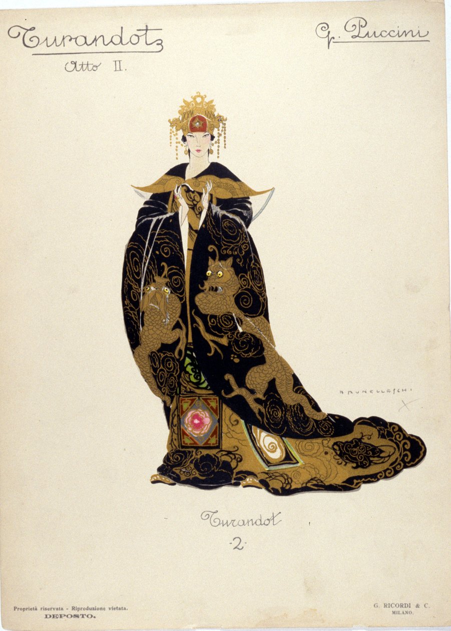 作曲家ジャコモ・プッチーニ (1858-1924) によるオペラ「トゥーランドット」のトゥーランドット王女の衣装 - 1926 作： ウンベルト・ブルネレスキ