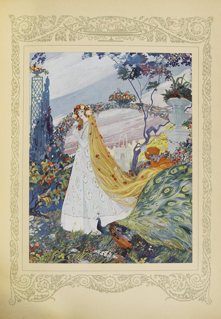 彼女はいつも頭に花の冠をかぶせて巻き毛を覆っていた、「Contes du Temps Jadis」または「Tales from Times Past」のイラスト、p.10 作： ウンベルト・ブルネレスキ