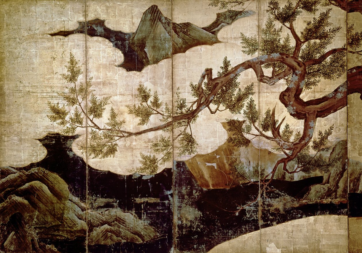 室マンチ時代の狩野永徳によるヒノキ（1368-1573）（8面屏風から、金箔紙色） 作： 不明不明