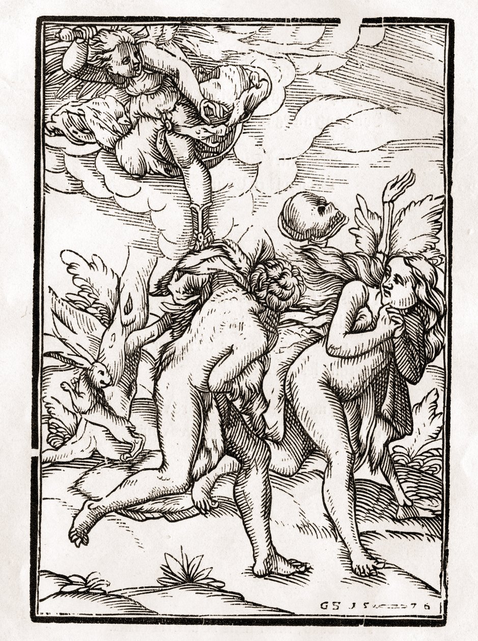 1843年にバーゼルで公開された「Der Todten Tanz」から、Georg Scharffenbergによって彫刻されたアダムとイブのために死が訪れる 作： 不明不明