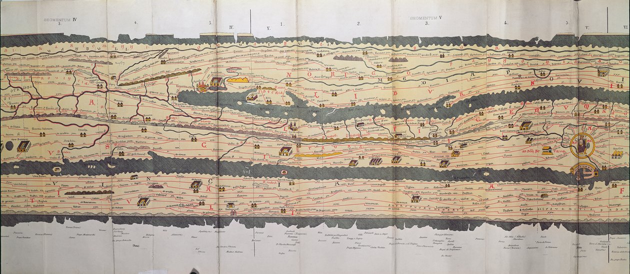 Tabula Peutingeriana（Peutingerテーブル、Peutinger Map）の一部。Peutingerマップコピーからイタリアのローマ帝国の詳細にある道路網のイラスト付き旅程表 作： 不明不明