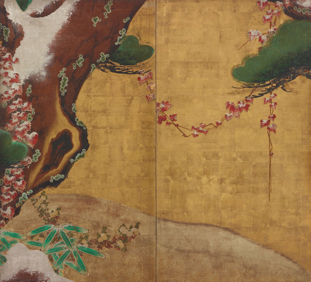 松の木、紅葉、花と雪 作： 不明不明