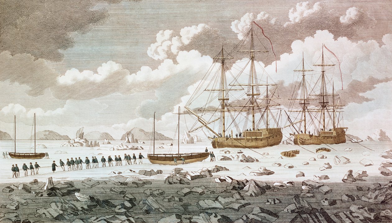 コンスタンティヌスジョンフィップスの指揮下にあるマルグレーブ卿（1744-92）の「競走馬」と「死骸」は、航海中にスピッツベルゲンで氷に突き刺さり、Easによって刻まれたインドへの北のルートを見つけました。 作： 不明不明