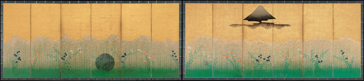 武蔵の平野、富士山と月 作： 不明不明