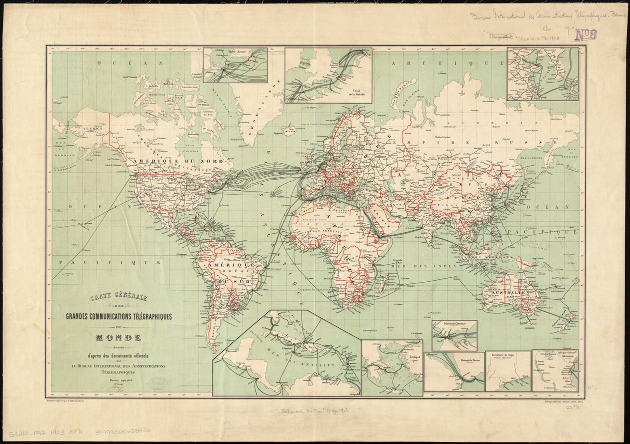 国際電信局が発行した電信線の世界地図、1901年スケール：[ca. 1：70,000,000] 作： 不明不明
