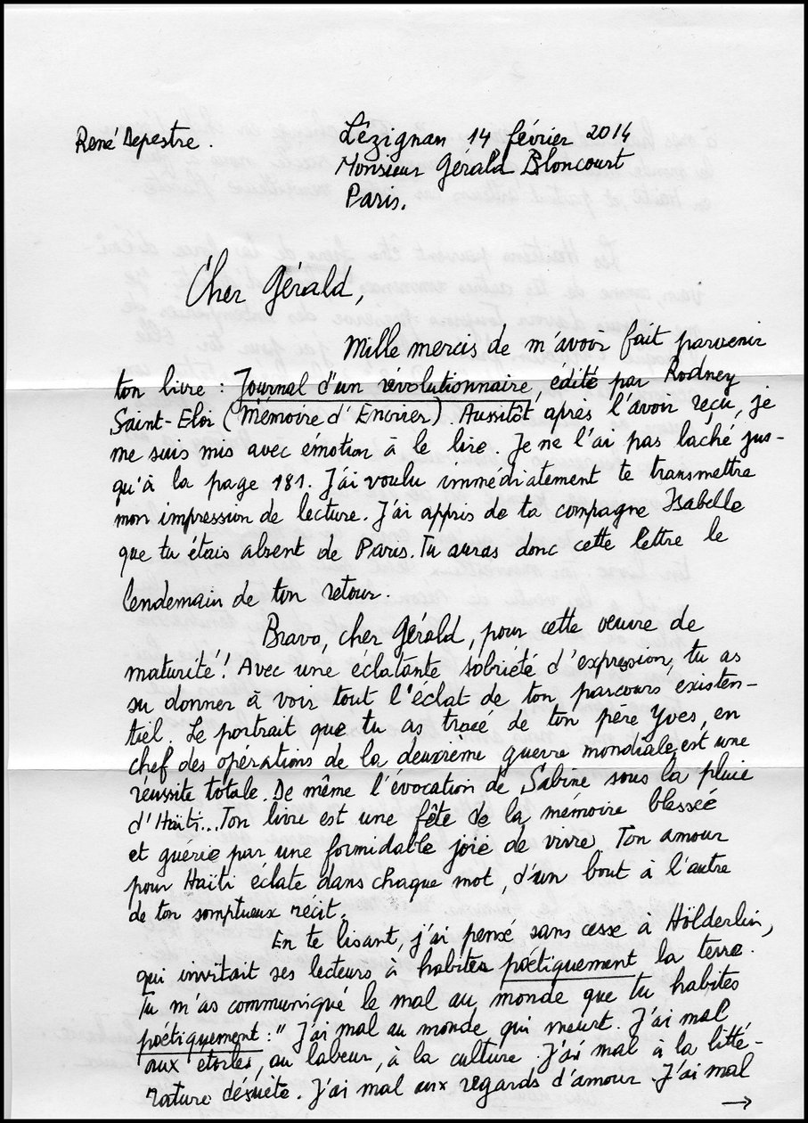 16534n Rene Depestreからの手紙 a page 1 about his book journal d un revolutionaire 2014? 作： 不明
