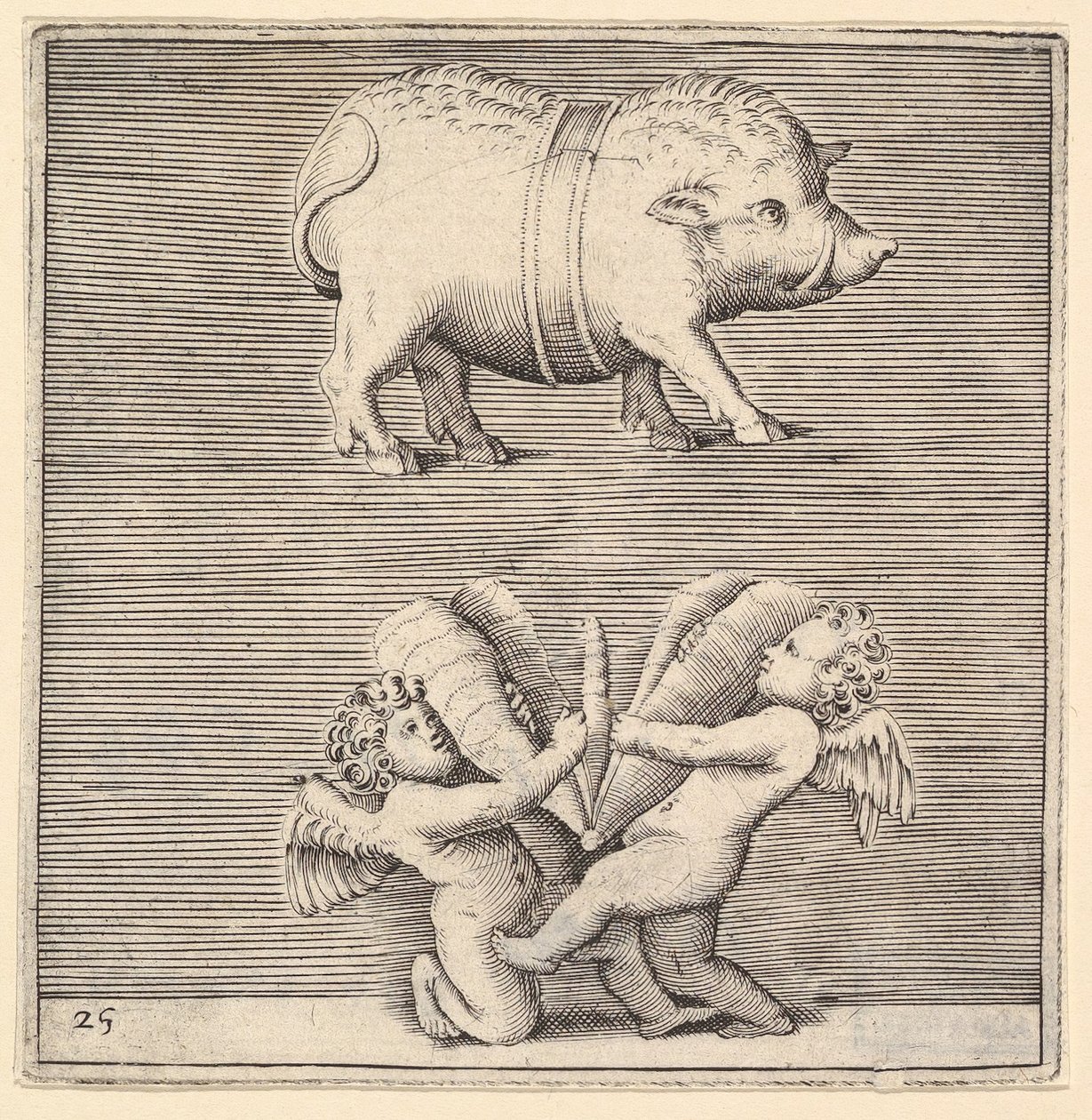 ベルト付き豚と蝶または蛾の2つのキューピッドまたは天才、ca。 1599-1622。 作： 不明