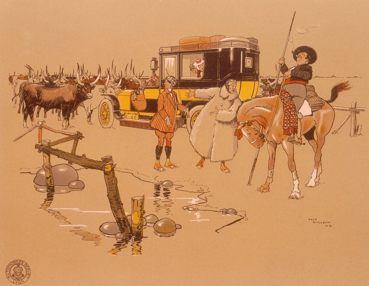 1906年、牛の真ん中に突き刺さったベルリエットの車 作： 不明