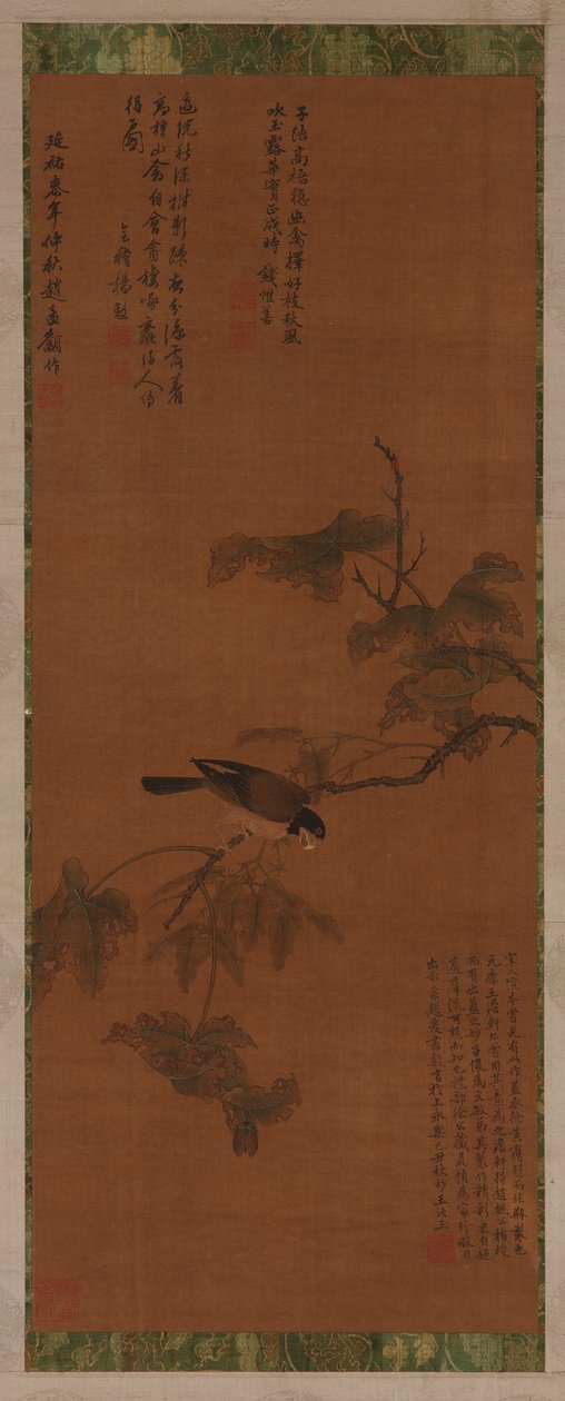 葉の多い枝にとまる鳥、明代、16～17世紀。 作： 不明