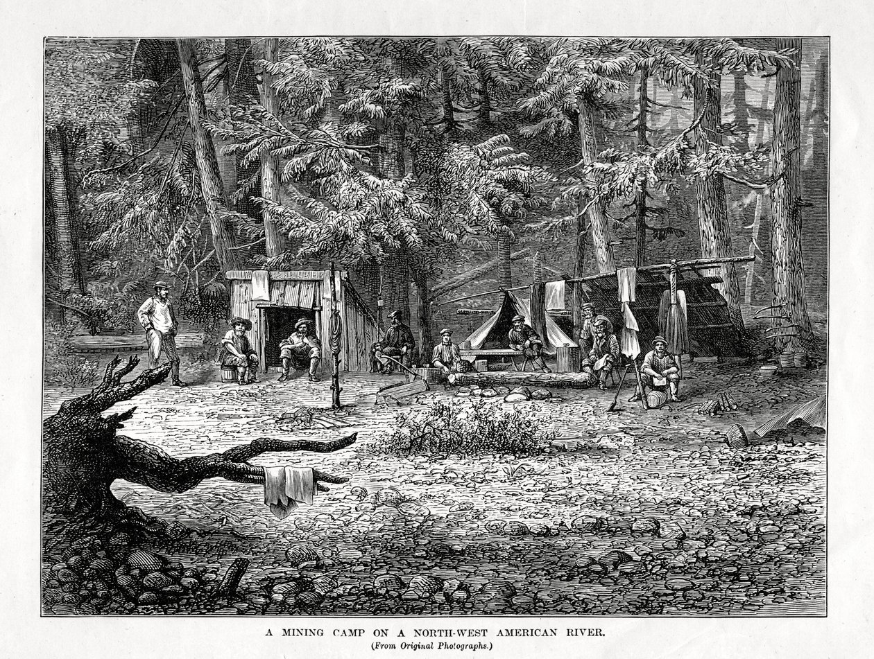 北西アメリカ川の採掘キャンプ、1877年 作： 不明