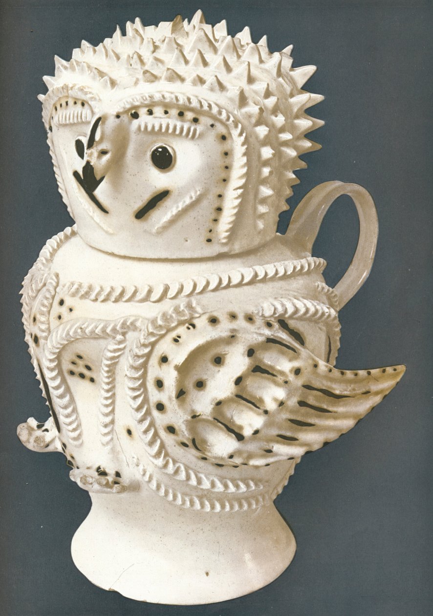 水差しとして使用される塩釉フクロウ、カップの頭、c1730-c1755、1913 作： 不明