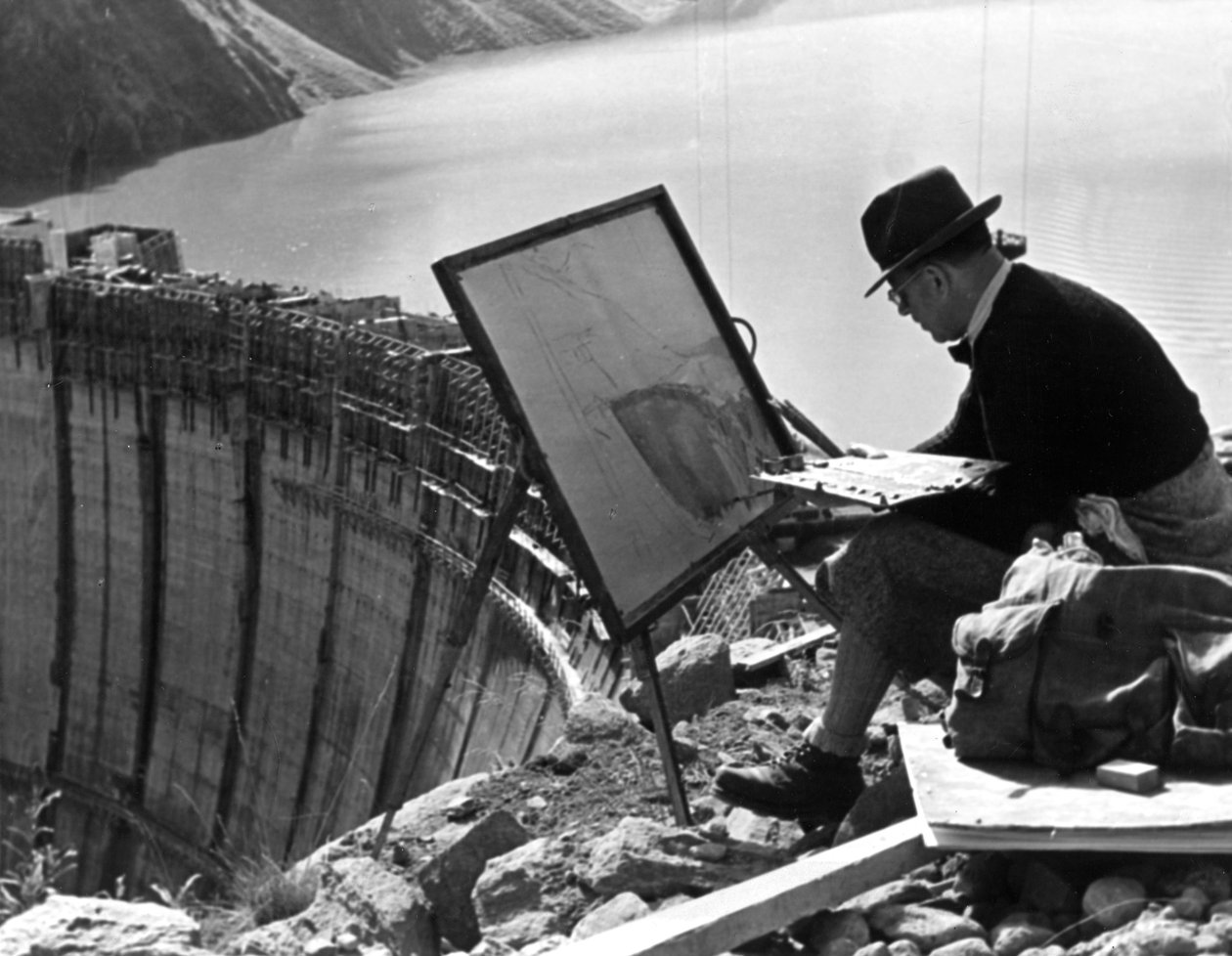 リンツのアーティスト、オーストリア、リンベルクダムを描いたc1947-1951 作： 不明