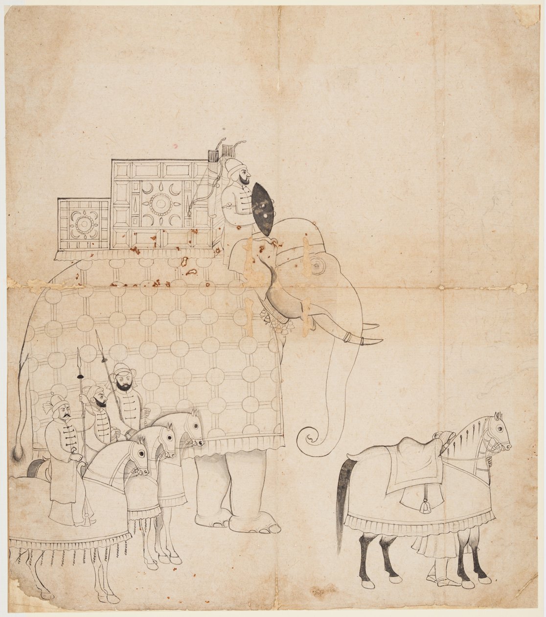 Caparisoned Elephant and Horsesの図面、c。 1760。 作： 不明