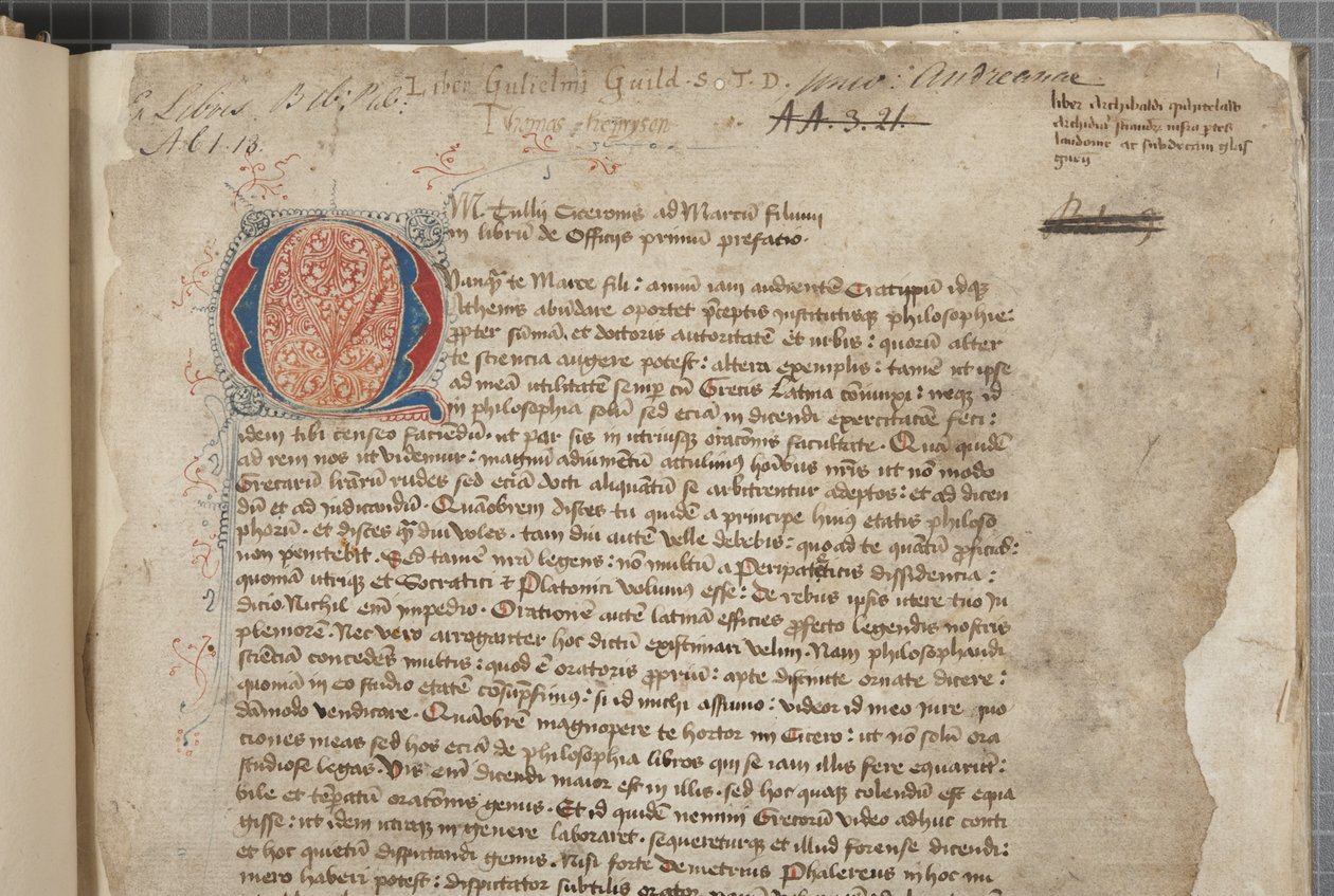 Marcus Tullius Ciceroの哲学作品を1471年のEditio romanaから抜粋したと思われる3つの手による写本に、Archibald Whitelawらの手による余白を加えたもので、1480年頃のもの（羊皮紙にインク）。 作： 不明
