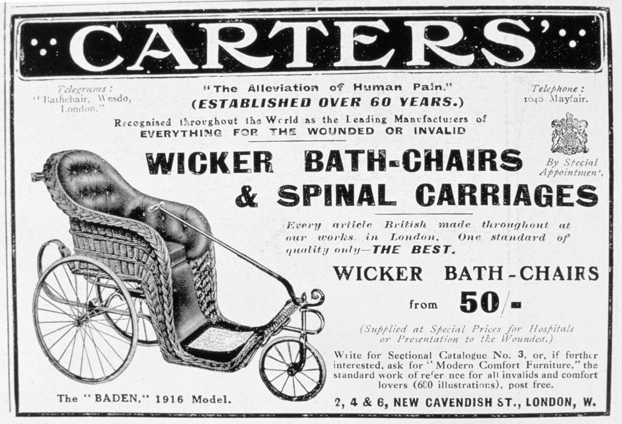 カーターの籐バスチェアと脊椎キャリッジの広告、1916 作： 不明