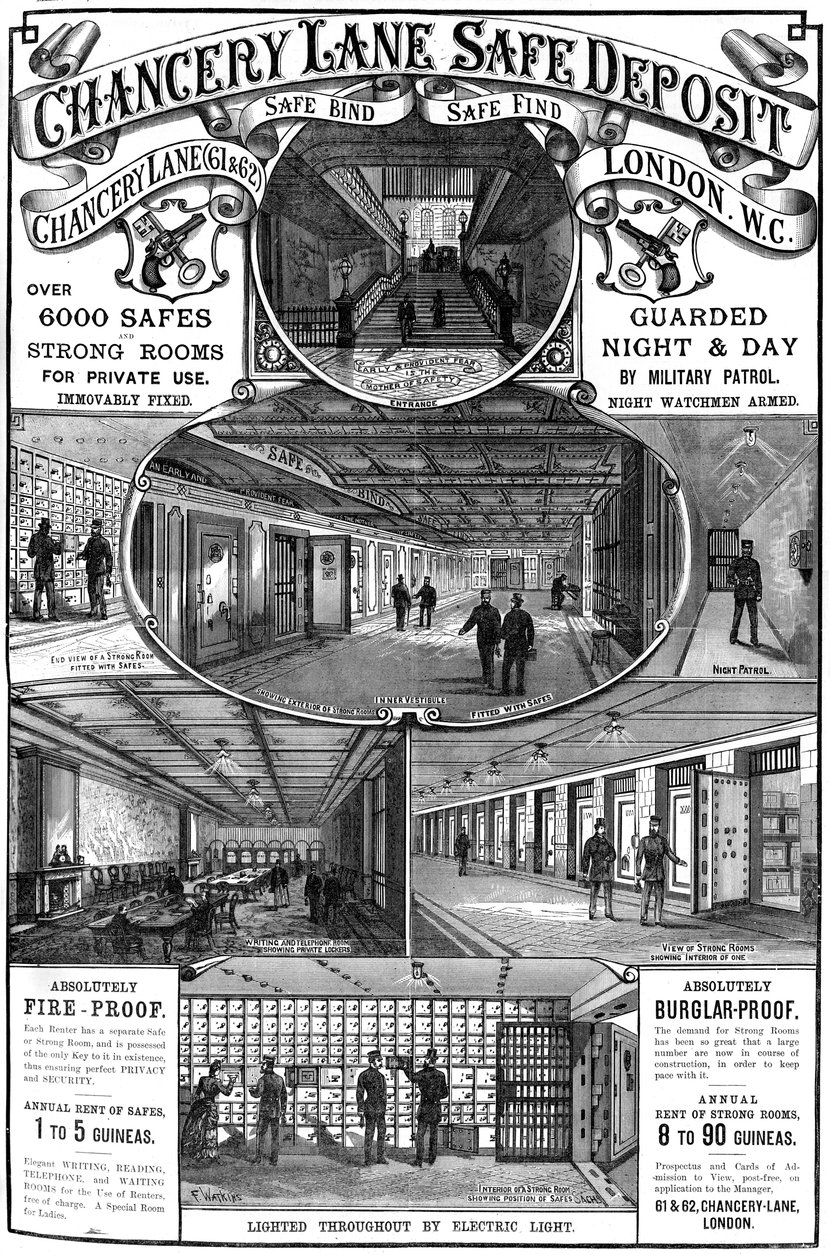 チャンスリーレーンセーフデポジットの広告、ロンドン、1887 作： 不明