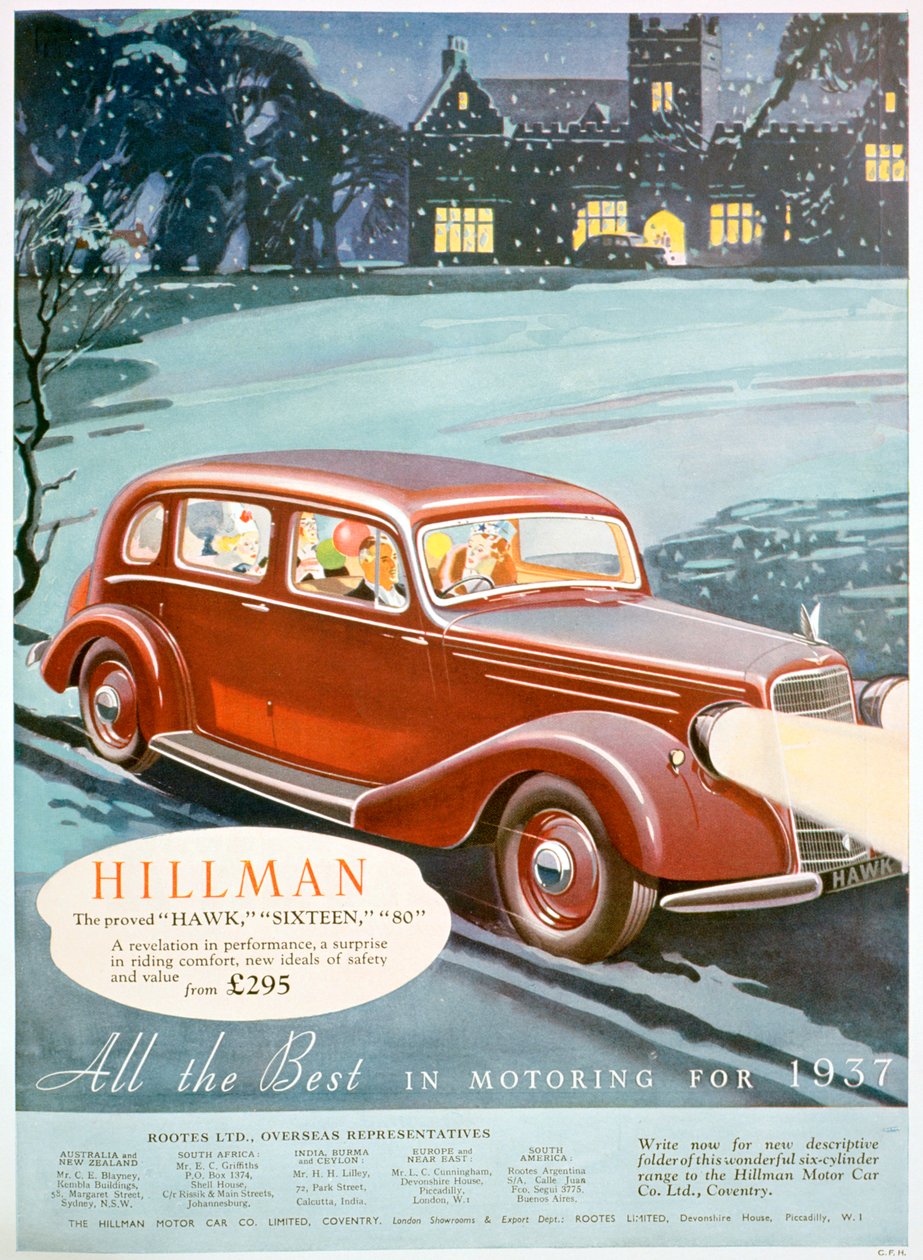 ヒルマンモーターカーの広告、1936 作： 不明