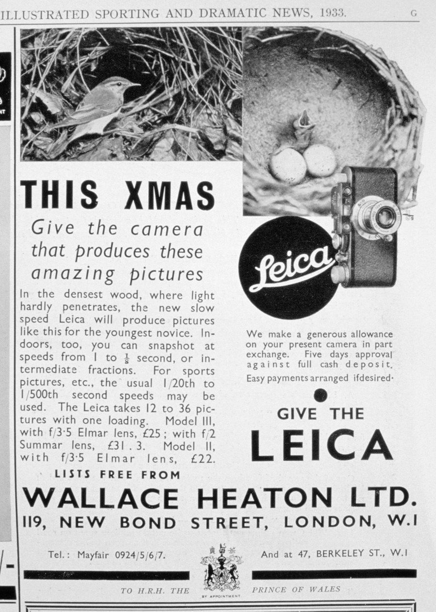 ウォレスヒートンリミテッド、ロンドンのニューボンドストリート、1933年に販売されたライカカメラの広告 作： 不明