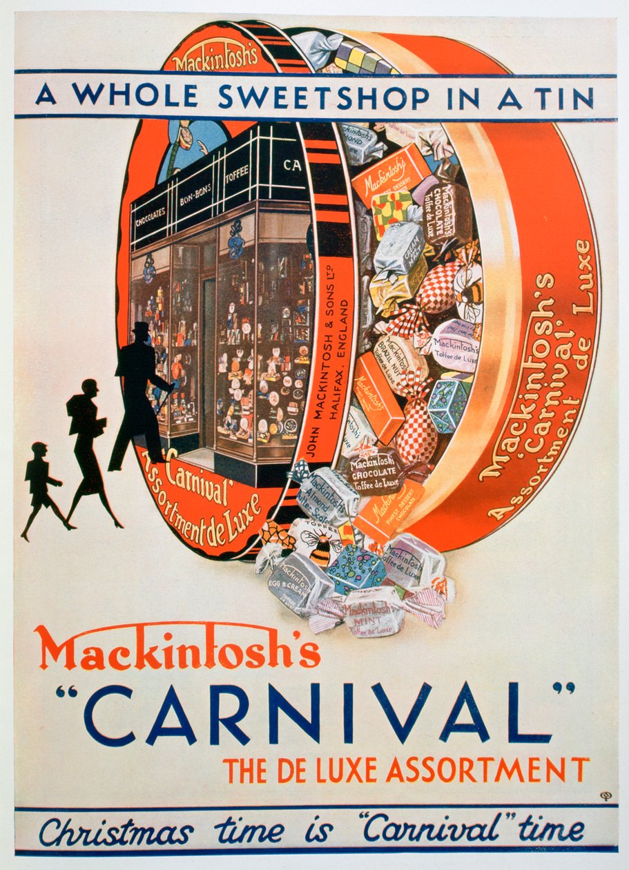 マッキントッシュカーニバルタフィーの品揃えの広告、1930 作： 不明
