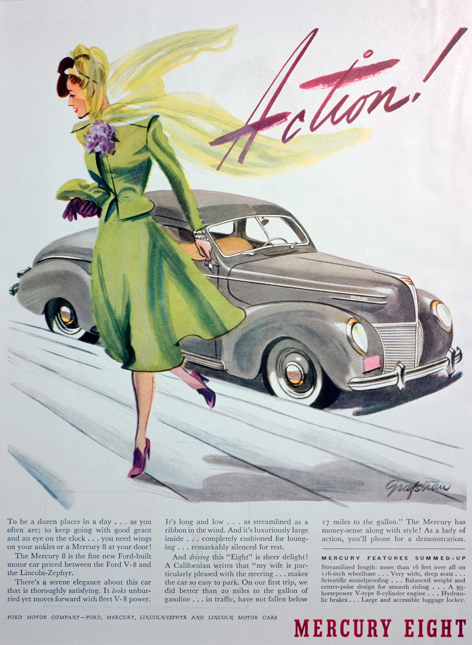 マーキュリーエイトモーターカーの広告、1939年 作： 不明