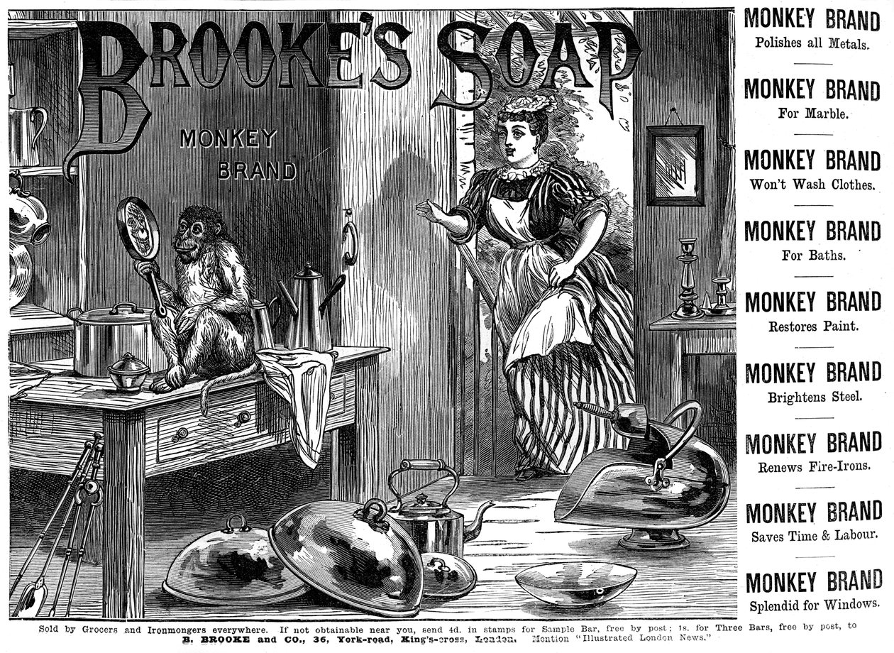 Brookes Monkeyブランドの石鹸の広告、1887 作： 不明