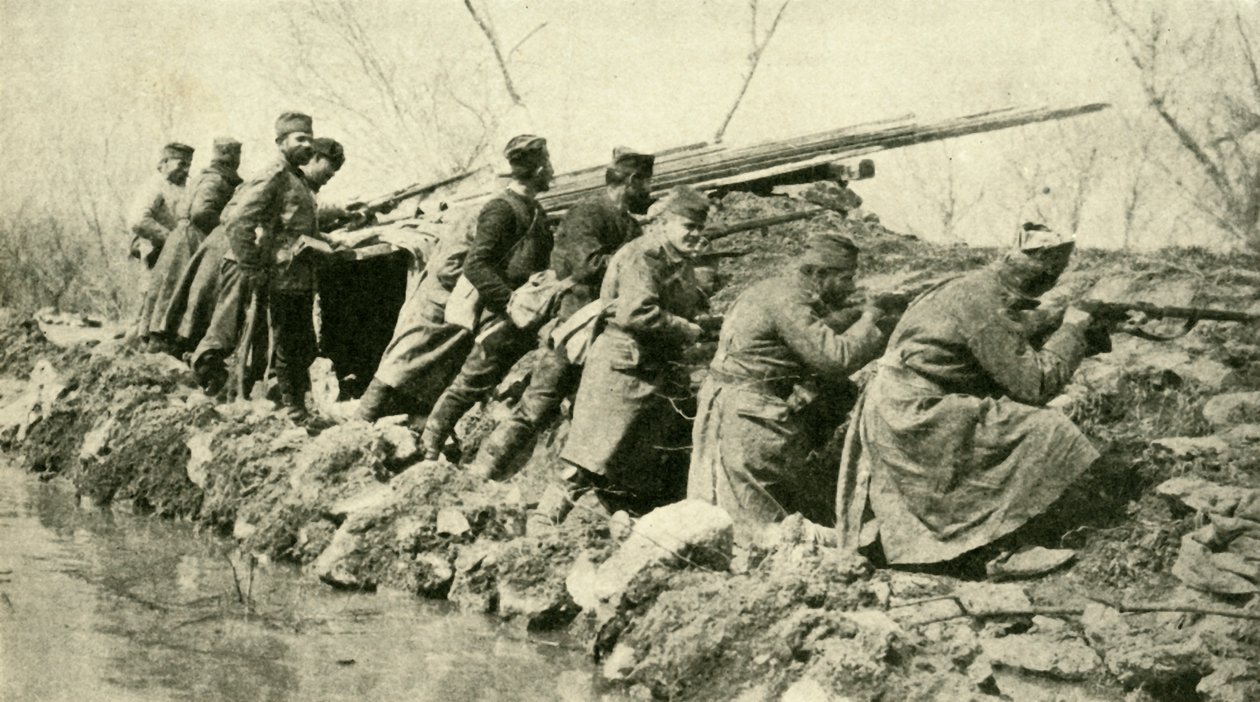 雨上がり：セルビアの歩兵...洪水、第一次世界大戦、c1915、c1920。 作： 不明