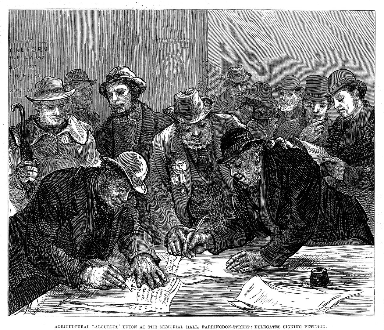 1877年、ロンドンのファリンドンストリートでの農業労働者組合会議 作： 不明