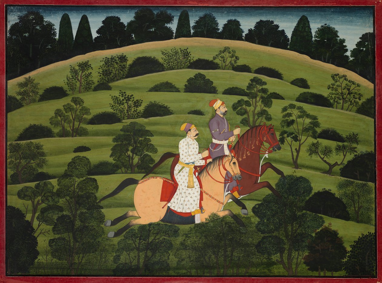 AkruraはDwarkaに向かって乗ります、大きなBasohli Bhagavata Puranaのページ、c。 1760-1765。 作： 不明