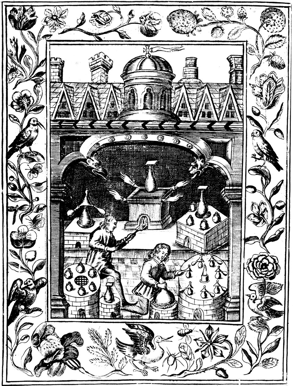 様々な形の炉と容器を示す錬金術研究所、1652 作： 不明