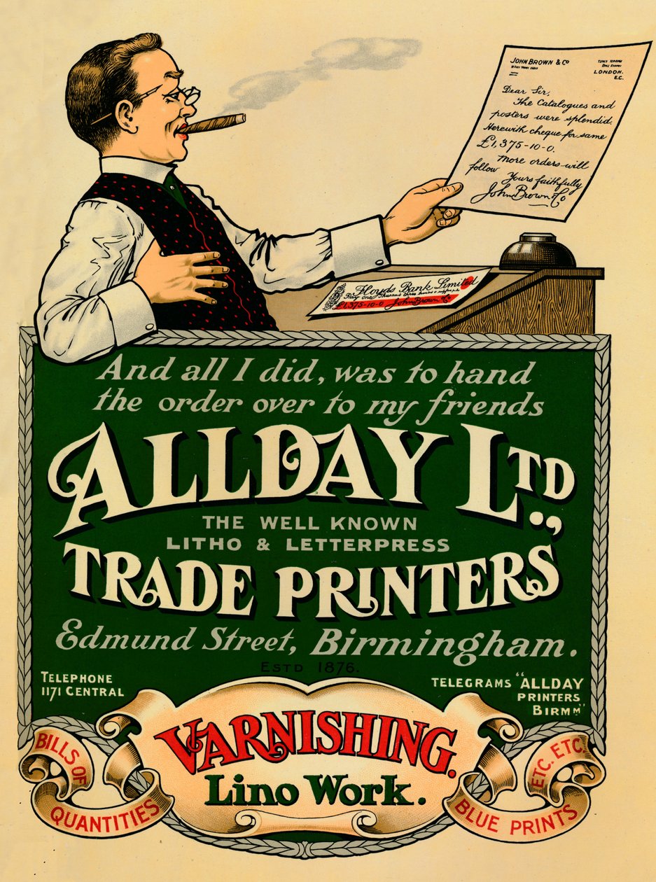 Allday Ltd.、Trade Printersの広告、1910 作： 不明