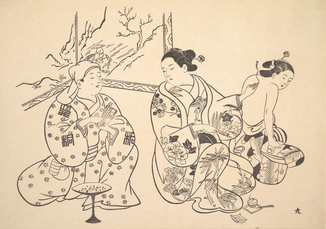 客間で座っている花魁が、別の女性のむき出しの背中に火の治療を適用します。 作： 不明