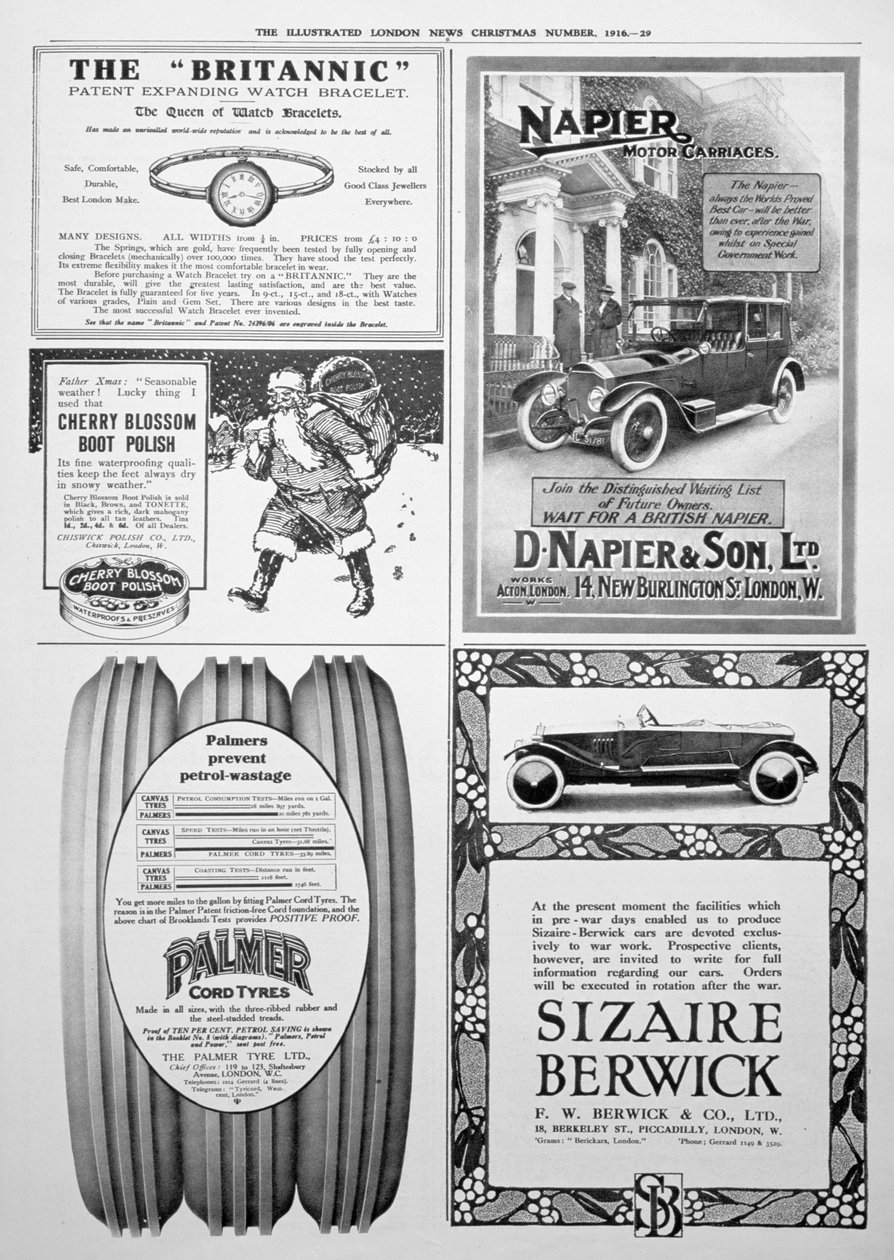 1916年のクリスマス、イラスト入りロンドンニュースの広告ページ 作： 不明