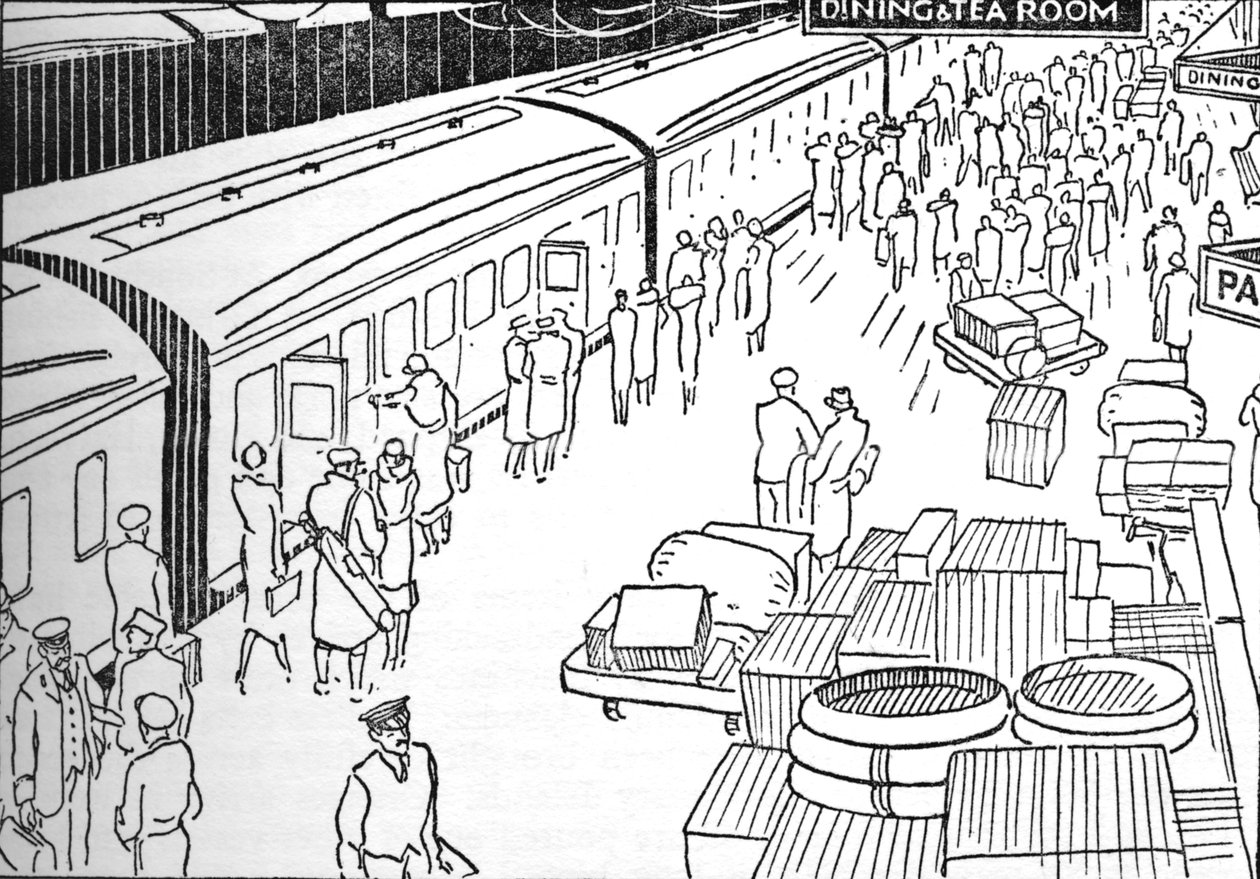 1930年代の鉄道駅のイラスト、1937 作： 不明