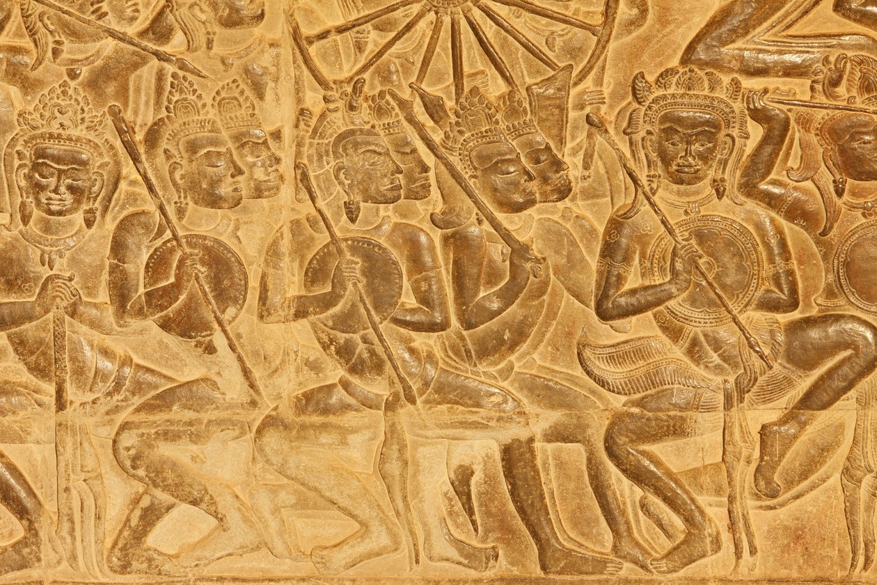 アンコールワット クルクシェトラの戦いのレリーフ彫刻の詳細（カンボジア、シェムリアップ 作： 不明