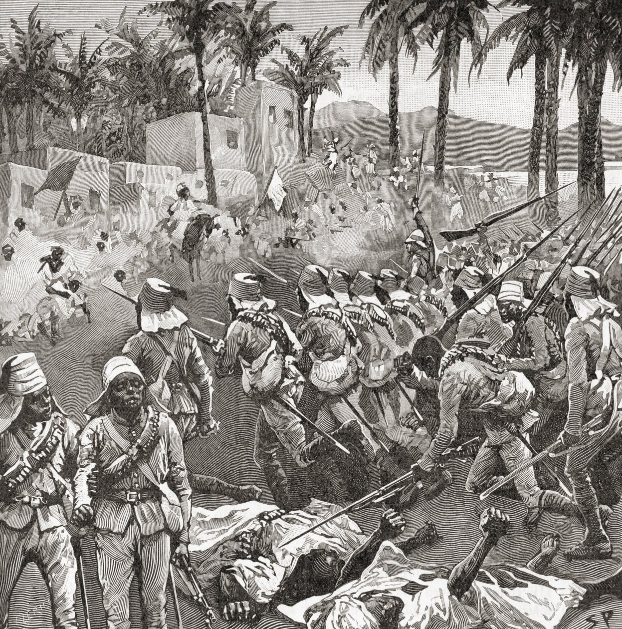 マフディスト戦争中の1896年6月7日、フェルケまたはフィルケットの戦いでフェルケの村を襲撃する英エジプト軍。 作： 不明
