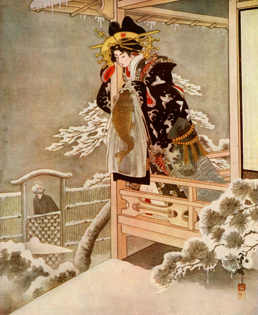 彼女が話していると、浦里はバルコニーから遠くに寄りかかって……、1919年。 作： 不明