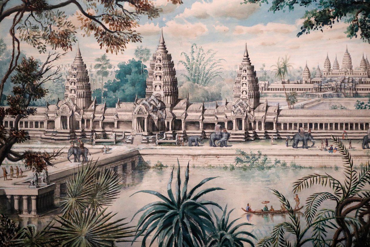 Asiatisches Zivilisationsmuseum, Angkor, Erkundung der heiligen Stadt Kambodschas, Ansicht von Angkor Wat, Druck basierend auf einer Zeichnung von Jacques Guiaud nach einer Skizze von Henri Mouhot, Ansicht von Angkor Wat von Louis Delaporte um 1870-73, Sin von Unbekannt