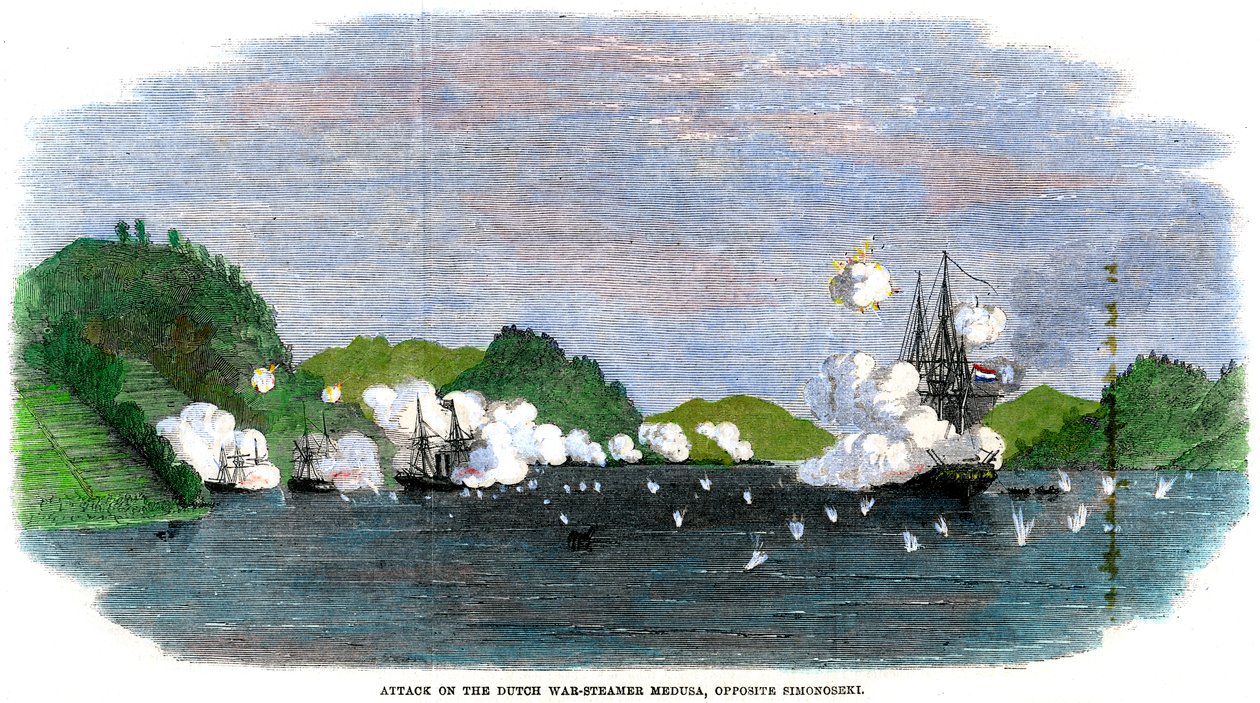 1863年、日本下野関の向かい側にあるオランダのスチーマーメドゥーサに対する攻撃 作： 不明