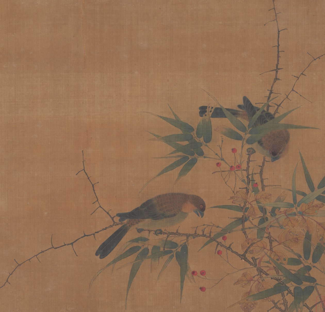 ベリーと鳥が描かれた竹の枝、17世紀。 作： 不明