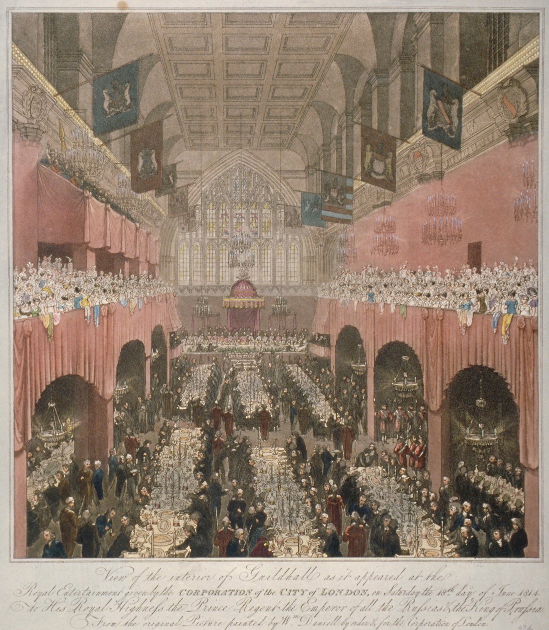 1814年1815年、ロンドンのシティ、ギルドホールでのバンケット。                                          作： 不明