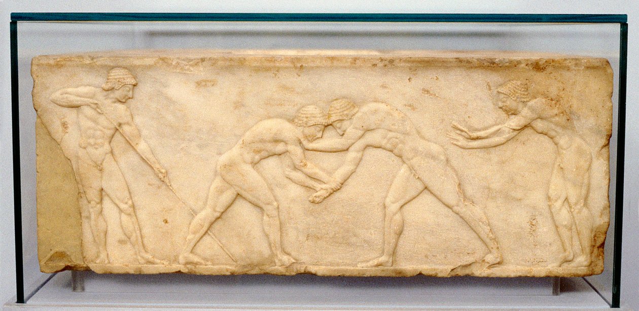レスラーの浮き彫りフリーズ、紀元前500年。 作： 不明