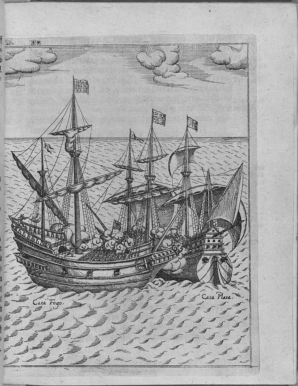 フランシスドレイクスの船、ゴールデンハインドとスペイン船のカカフエゴの戦い。 Levinus Hulsiuから 作： 不明
