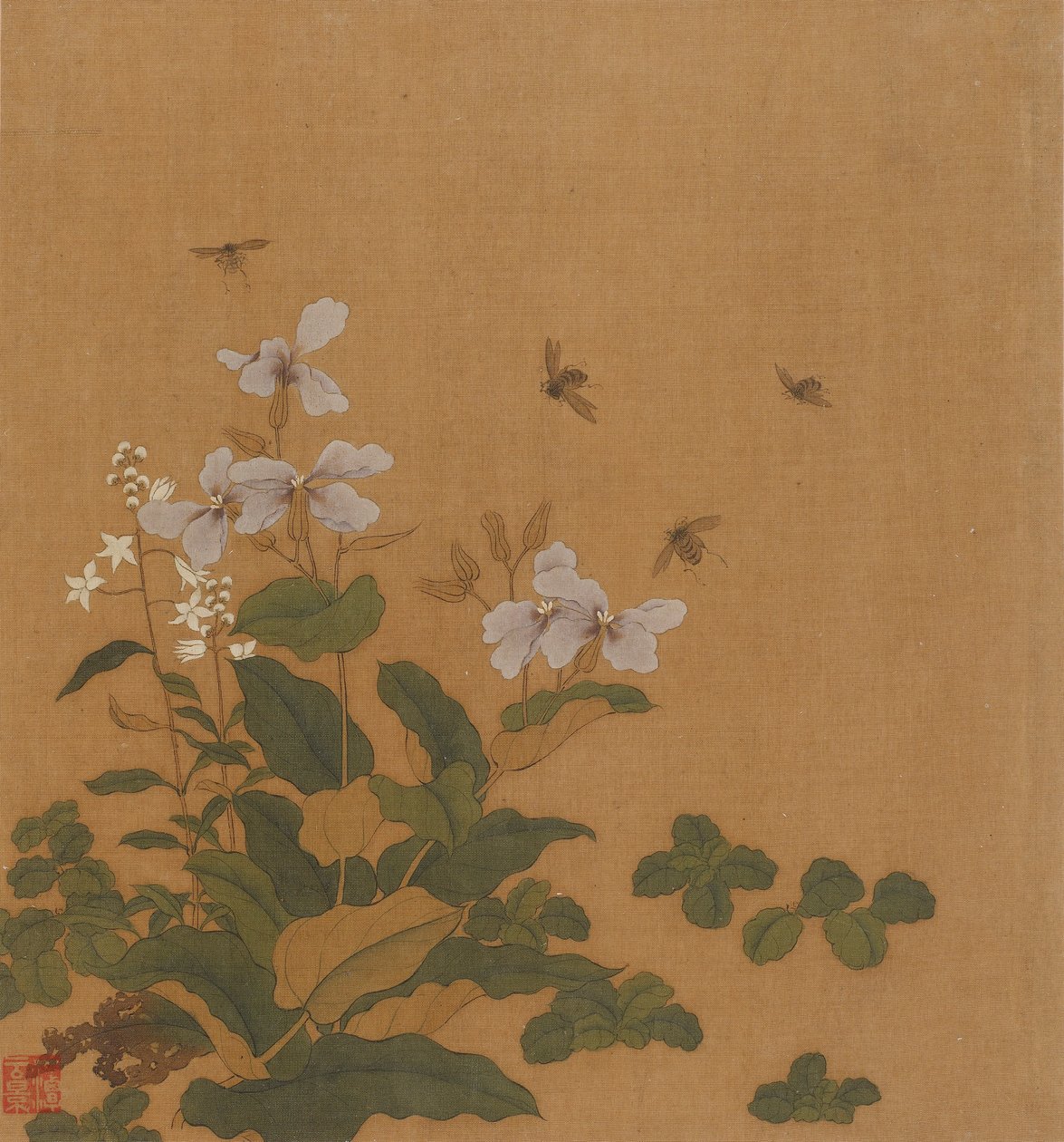 花の上を舞うミツバチ、清王朝、18世紀。 作： 不明